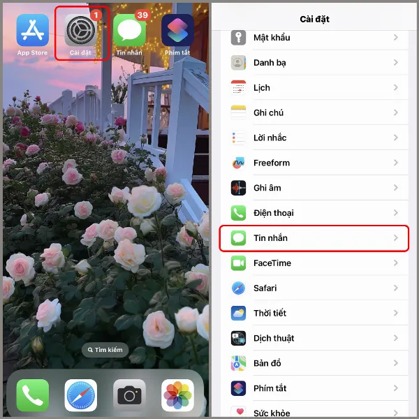 alt: Hướng dẫn mở Cài đặt và chọn mục Tin nhắn trên iPhone