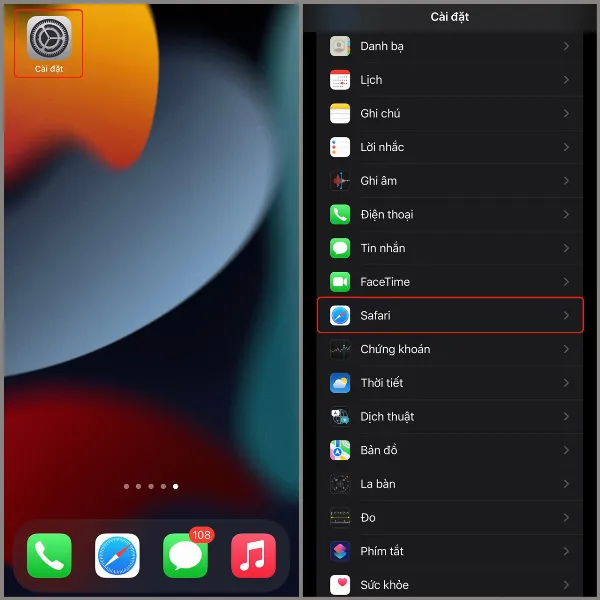 alt: Hướng dẫn mở cài đặt và chọn ứng dụng cần xóa bộ nhớ đệm trên iPhone