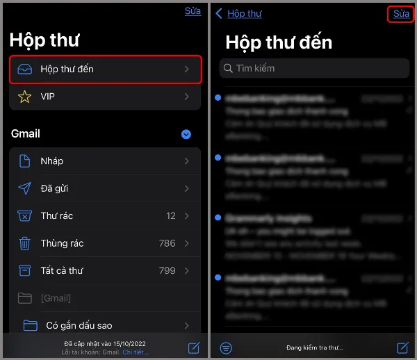 alt: Hướng dẫn mở hộp thư đến và chọn nút Sửa trong ứng dụng Mail