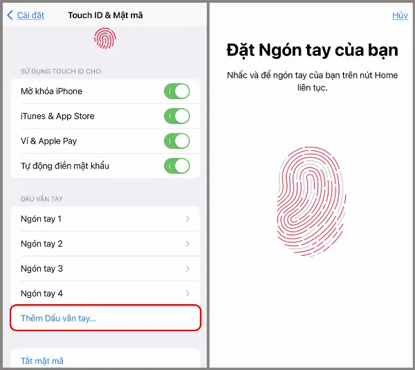 alt: Hướng dẫn nhấc và đặt ngón tay lên cảm biến để thiết lập Touch ID cho iPhone