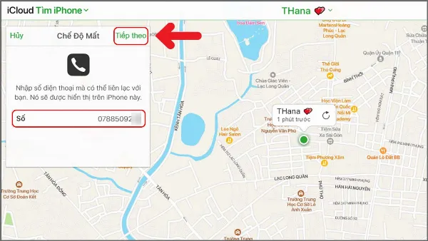 alt: Hướng dẫn nhập số điện thoại liên lạc khi bật chế độ mất