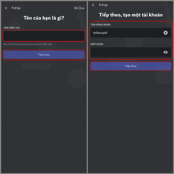 alt: Hướng dẫn nhập tên hiển thị và mật khẩu trên ứng dụng Discord, minh họa cho bước tạo tài khoản