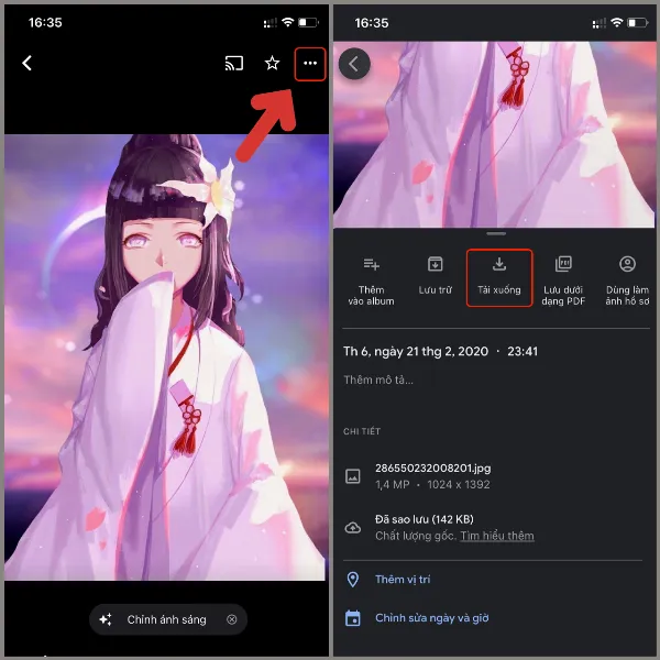 alt: Hướng dẫn tải ảnh từ Google Photos về iPhone, hiển thị tùy chọn "Tải xuống" trong menu