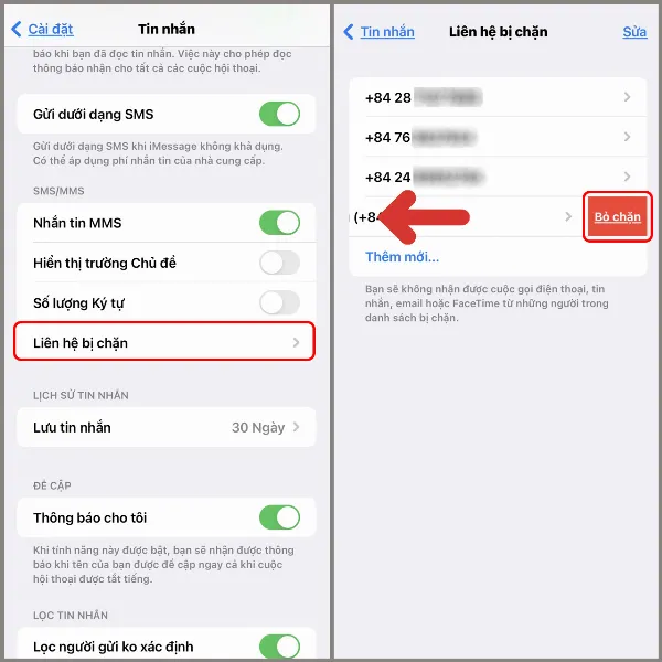 alt: Hướng dẫn thao tác bỏ chặn liên hệ trong danh sách Liên hệ bị chặn trên iPhone