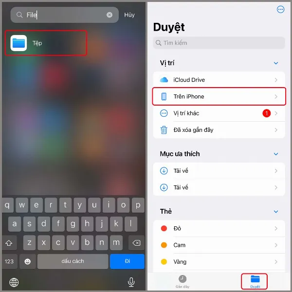 alt: Hướng dẫn tìm kiếm và mở ứng dụng Tệp trên iPhone