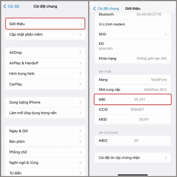 alt: Hướng dẫn tìm số IMEI trong phần Giới thiệu của Cài đặt iPhone