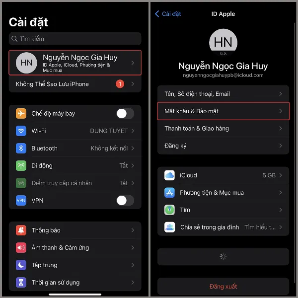 alt: Hướng dẫn truy cập cài đặt ID Apple và chọn Mật khẩu & Bảo mật