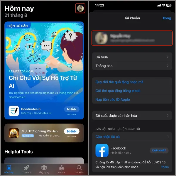 alt: Hướng dẫn truy cập cài đặt tài khoản Apple ID trong App Store trên iPhone