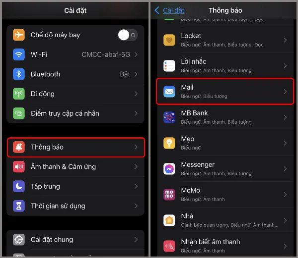 alt: Hướng dẫn truy cập cài đặt thông báo cho ứng dụng Mail trong Cài đặt iPhone