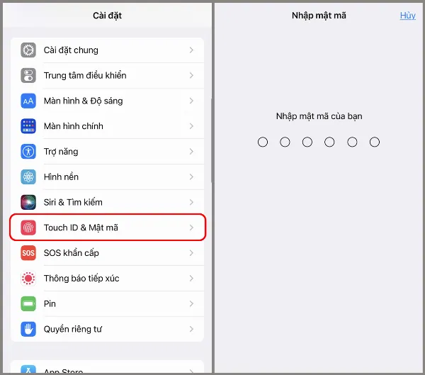 alt: Hướng dẫn truy cập menu Touch ID và Mật mã trong phần cài đặt của iPhone