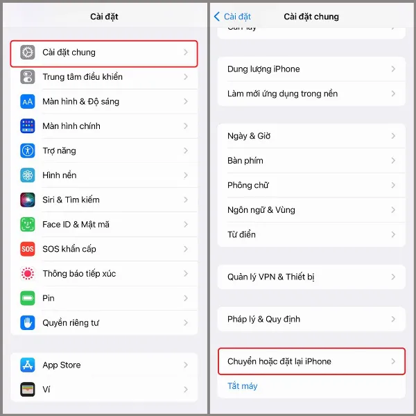 alt: Hướng dẫn truy cập mục Chuyển hoặc đặt lại iPhone trong phần Cài đặt chung