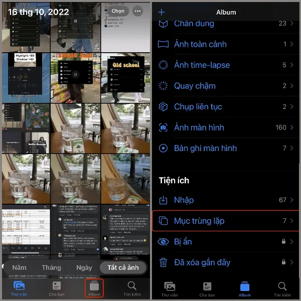 alt: Hướng dẫn truy cập mục Mục trùng lặp trong ứng dụng Ảnh