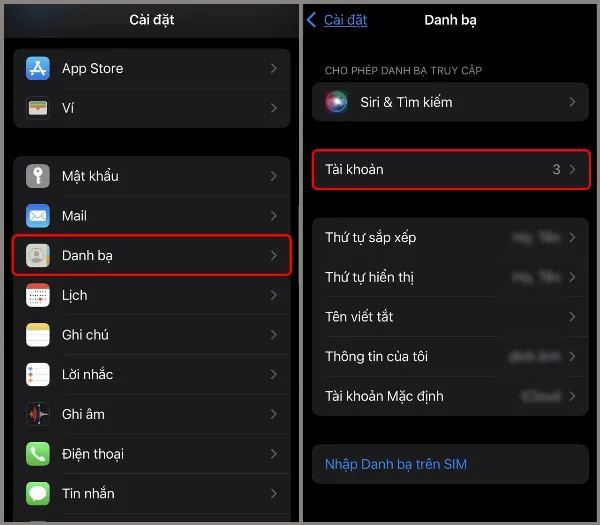 alt: Hướng dẫn truy cập phần cài đặt Tài khoản trong Danh bạ iPhone