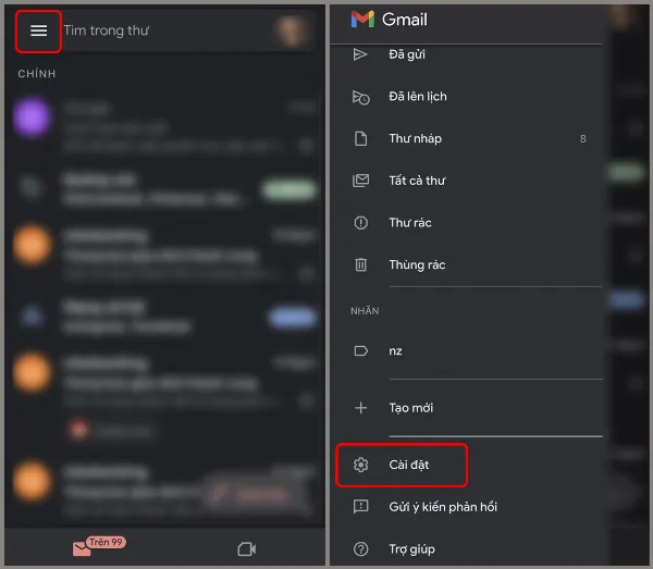 alt: Hướng dẫn truy cập phần Cài đặt trong ứng dụng Gmail