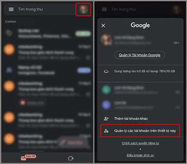 alt: Hướng dẫn truy cập phần quản lý tài khoản trong ứng dụng Gmail