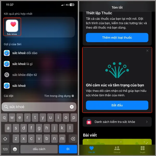 alt: Hướng dẫn truy cập tính năng ghi tâm trạng trên ứng dụng Sức khỏe của iOS 17