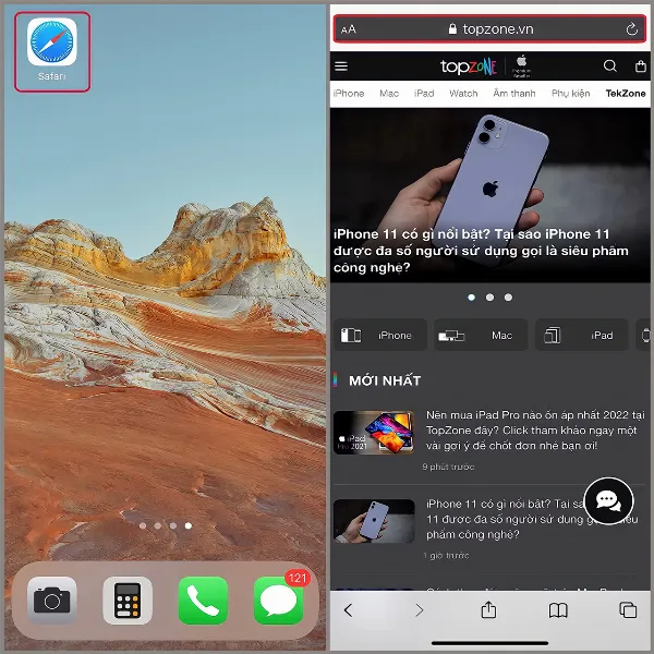 alt: Hướng dẫn từng bước cách mở ứng dụng Safari trên iPhone và mở một trang web bất kỳ