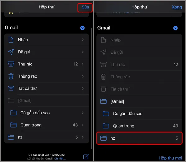 alt: Hướng dẫn vào phần Sửa trong giao diện Hộp thư của ứng dụng Mail