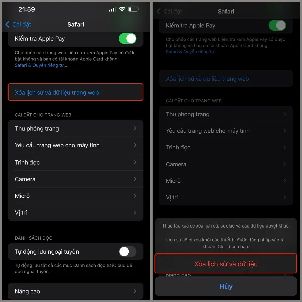 alt: Hướng dẫn xóa lịch sử và dữ liệu trang web trong ứng dụng Safari trên iPhone