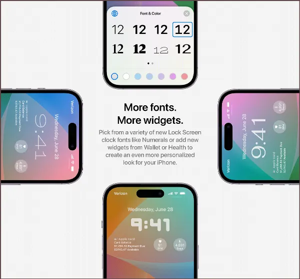 Cùng ngắm nhìn concept iOS 17 với những thay đổi ấn tượng, mang đến một trải nghiệm sử dụng mới 2 alt: iOS 17 cho phép tùy chỉnh font chữ và màu sắc đồng hồ trên màn hình khóa