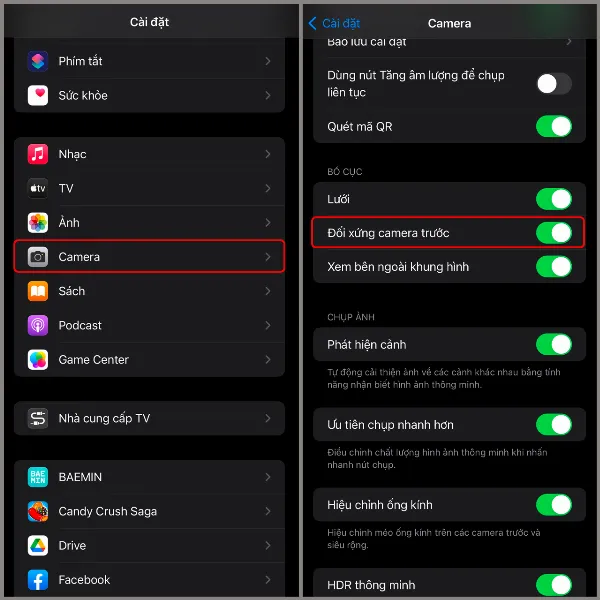 alt: Kích hoạt tính năng Đối xứng Camera Trước trong Cài đặt iPhone