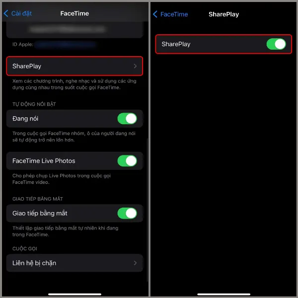 alt: Kích hoạt tính năng SharePlay trong cài đặt FaceTime
