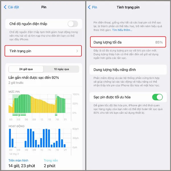 alt: Kiểm tra dung lượng pin tối đa trong phần Tình trạng pin của iPhone cũ