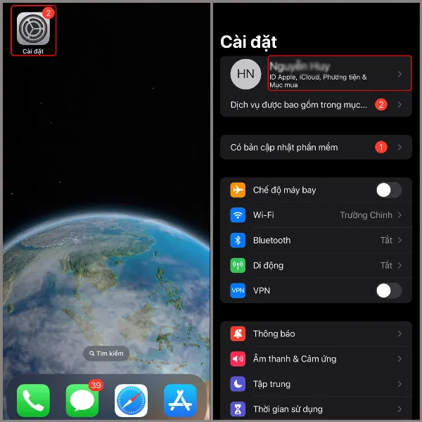 alt: Màn hình Cài đặt iPhone hiển thị mục ID Apple ở đầu danh sách