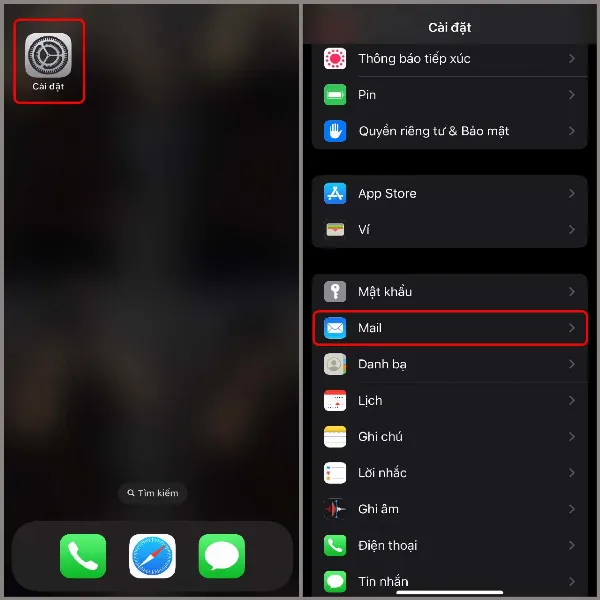 alt: Màn hình Cài đặt iPhone, người dùng chọn mục Mail