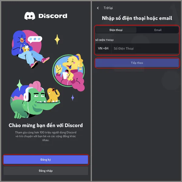 alt: Màn hình điện thoại hiển thị ứng dụng Discord với hai lựa chọn đăng ký bằng số điện thoại hoặc email, nhấn mạnh sự tiện lợi cho người dùng