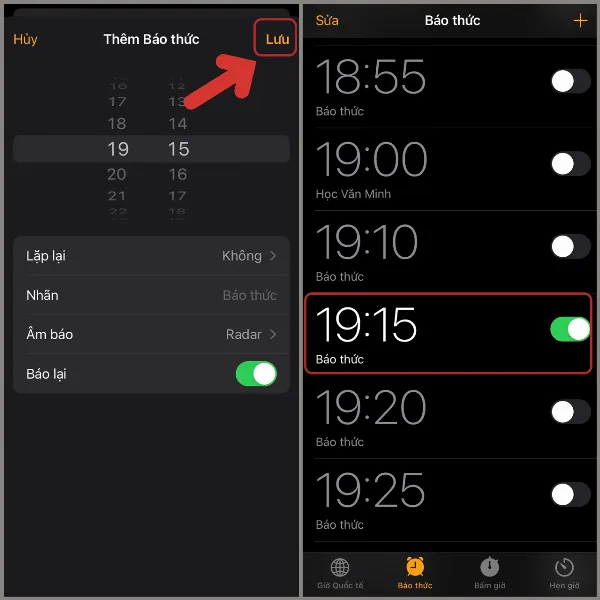 alt: Màn hình iPhone hiển thị báo thức đã được lưu thành công trong ứng dụng Đồng hồ