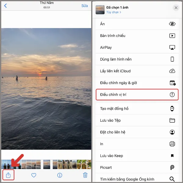 alt: Màn hình iPhone hiển thị các tùy chọn chia sẻ ảnh, bao gồm tùy chọn "Điều chỉnh vị trí"