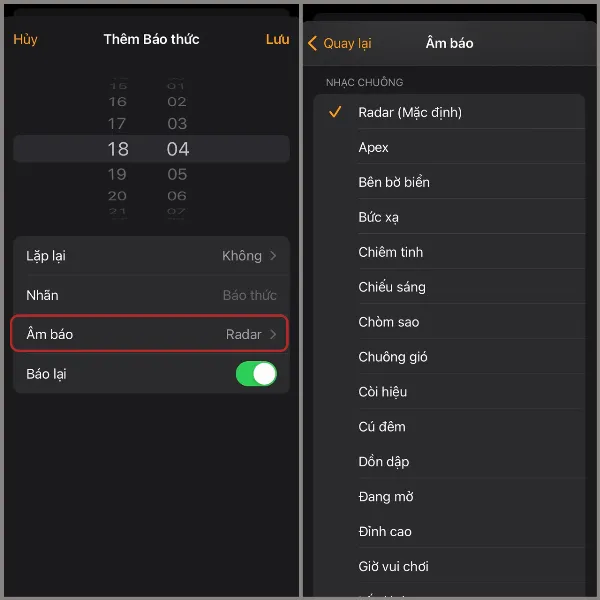 alt: Màn hình iPhone hiển thị danh sách các âm báo trong ứng dụng Đồng hồ, cho phép người dùng chọn nhạc chuông báo thức