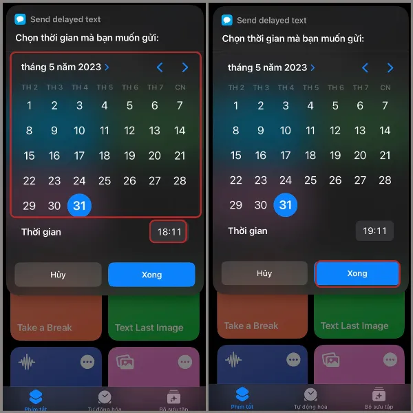 alt: Màn hình iPhone hiển thị giao diện chọn ngày giờ gửi tin nhắn trong phím tắt Send delayed text