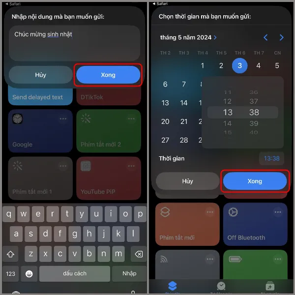 Cách hẹn giờ gửi tin nhắn trên iPhone, không sợ bỏ lỡ sinh nhật bạn bè hay sự kiện quan trọng 4 alt: Màn hình iPhone hiển thị giao diện nhập nội dung tin nhắn và chọn thời gian gửi trong ứng dụng Phím tắt