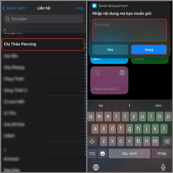 alt: Màn hình iPhone hiển thị giao diện soạn tin nhắn trong phím tắt Send delayed text, cho phép chọn người nhận và nhập nội dung