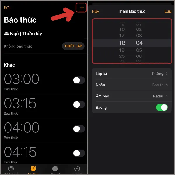 alt: Màn hình iPhone hiển thị giao diện thêm báo thức mới trong ứng dụng Đồng hồ, cho phép tùy chỉnh giờ, phút
