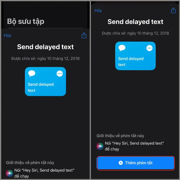 alt: Màn hình iPhone hiển thị giao diện thêm phím tắt Send delayed text trong ứng dụng Phím tắt