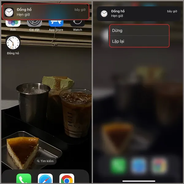 alt: Màn hình iPhone hiển thị thông báo hết giờ từ Siri, kèm theo hai tùy chọn Dừng và Lặp lại