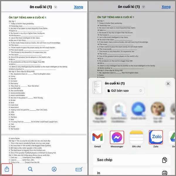 alt: Màn hình iPhone hiển thị tùy chọn chia sẻ file, bao gồm các ứng dụng như Messenger và Zalo