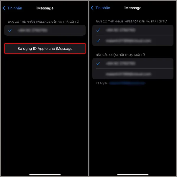 alt: Màn hình iPhone hiển thị tùy chọn iMessage đang ở trạng thái bật, phía dưới là các tùy chọn liên quan đến iMessage như Gửi & Nhận, Thông báo