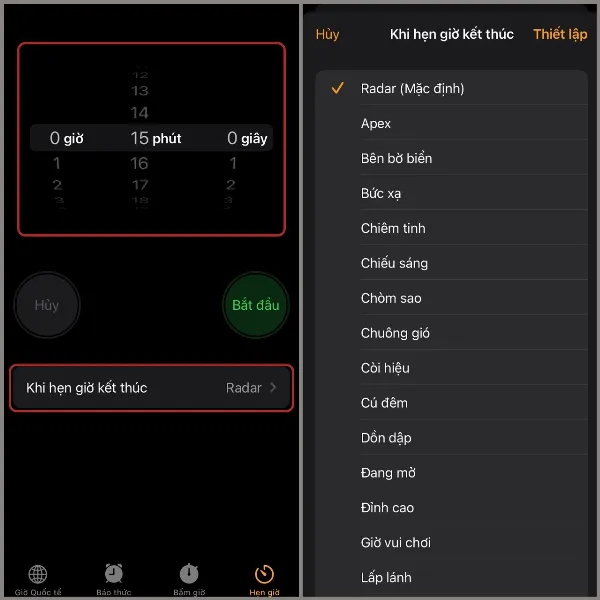 alt: Màn hình iPhone hiển thị tùy chọn Khi hẹn giờ kết thúc trong ứng dụng Đồng Hồ, với danh sách các âm thanh thông báo