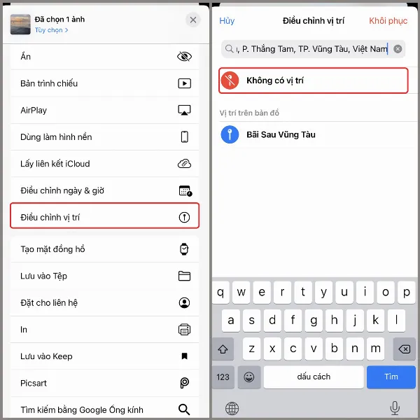 alt: Màn hình iPhone hiển thị tùy chọn "Không có vị trí" trong phần "Điều chỉnh vị trí" của ứng dụng Ảnh