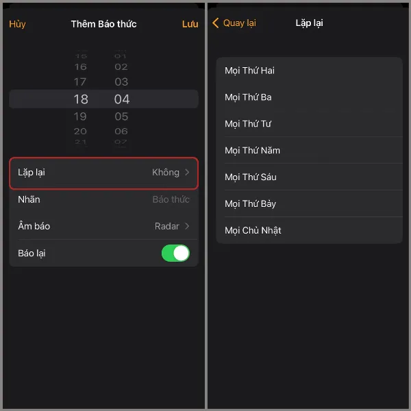 alt: Màn hình iPhone hiển thị tùy chọn lặp lại báo thức trong ứng dụng Đồng hồ, cho phép chọn các ngày trong tuần