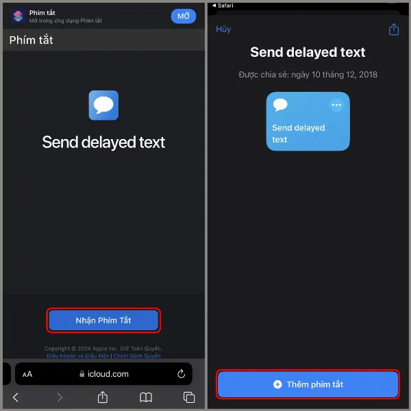 Cách hẹn giờ gửi tin nhắn trên iPhone, không sợ bỏ lỡ sinh nhật bạn bè hay sự kiện quan trọng 2 alt: Màn hình iPhone hiển thị ứng dụng Phím tắt với tùy chọn Nhận phím tắt và Thêm phím tắt cho phím tắt Send delayed text