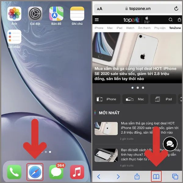 alt: Màn hình iPhone hiển thị ứng dụng Safari với biểu tượng cuốn sách được đánh dấu