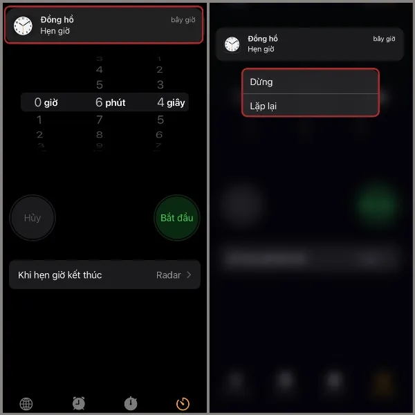 alt: Màn hình iPhone thông báo hết giờ với hai tùy chọn Dừng và Lặp lại, cho phép người dùng tắt hoặc tiếp tục hẹn giờ
