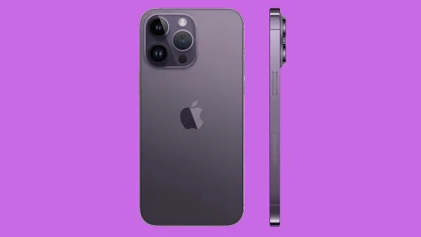 alt: Mặt lưng iPhone 14 Pro Max màu tím với cụm camera và khung viền thép