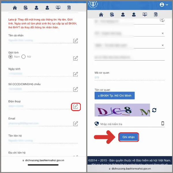 alt: Minh họa các bước thay đổi số điện thoại trên cổng thông tin điện tử Bảo hiểm xã hội Việt Nam