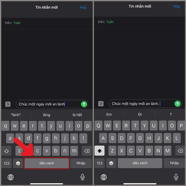 alt: Minh họa cách chấm câu nhanh trên iPhone bằng cách nhấn đúp phím cách